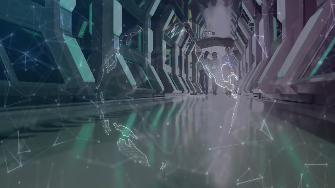 Digital network connections and abstract geometric patterns in futuristic corridor