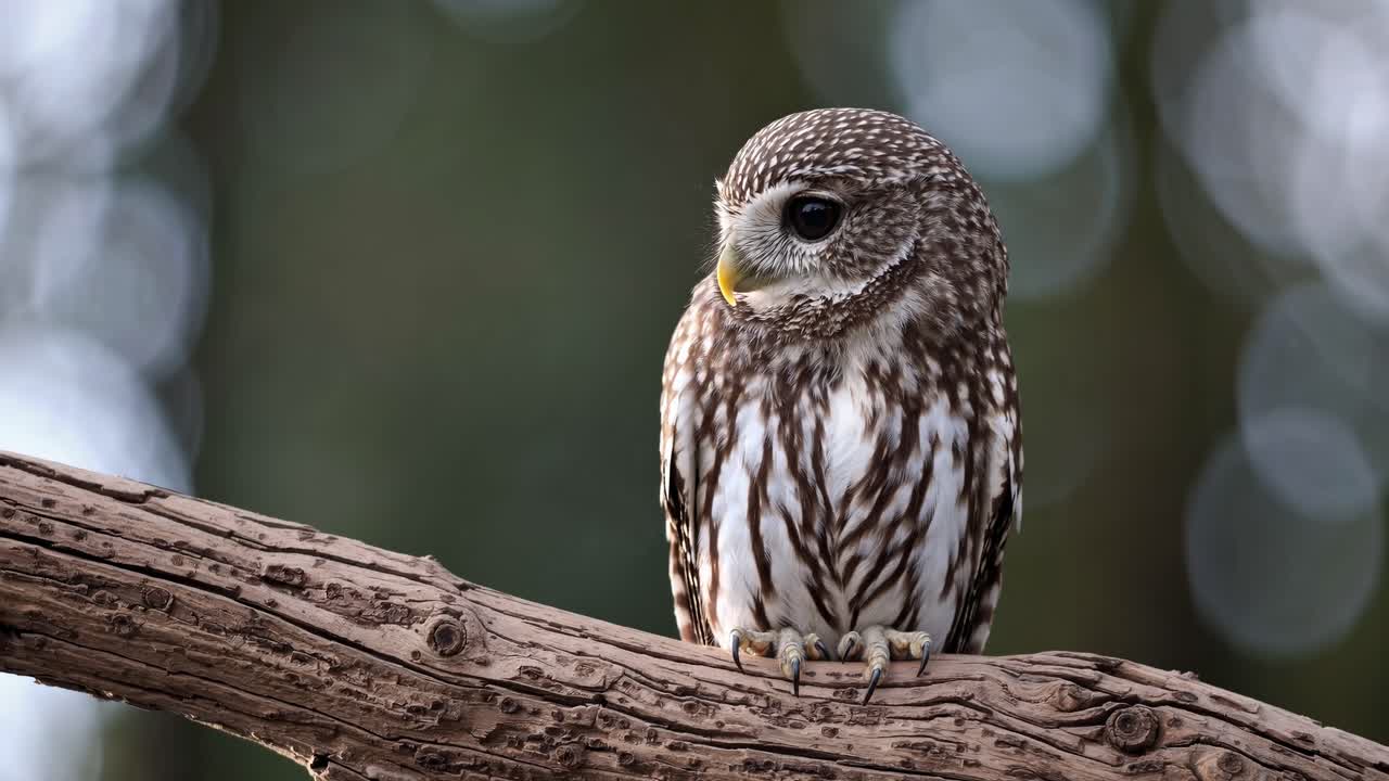 Close-up video of a small owl perched on a branch, captured at eye level
