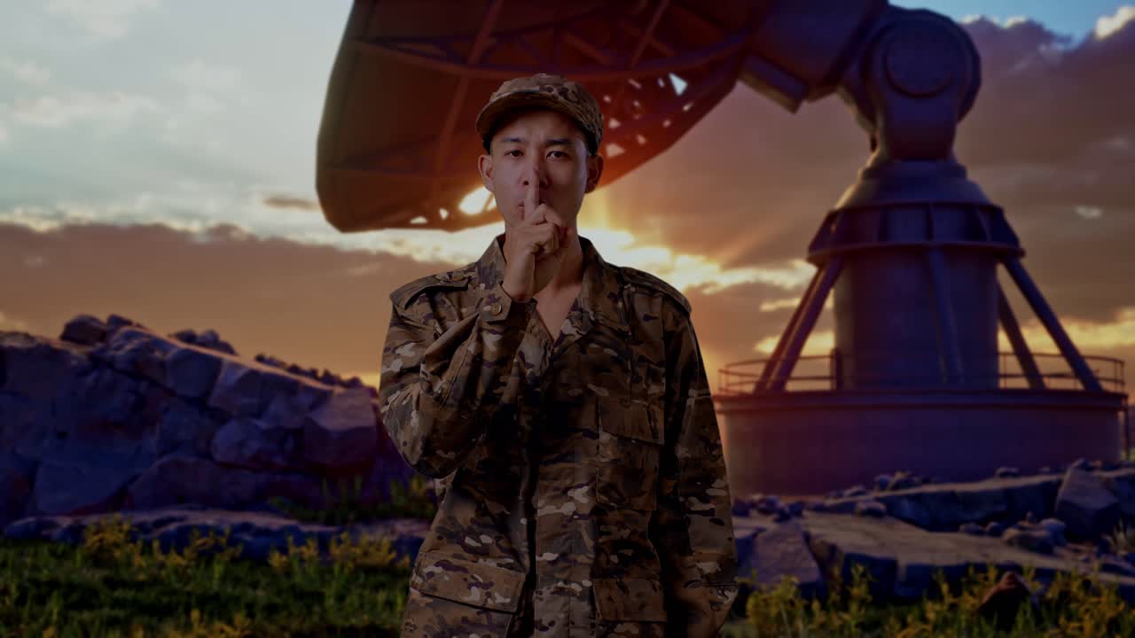 Asian Man Soldier Looking At Camera And Making Shh Gesture While Standing With Satellite Dish