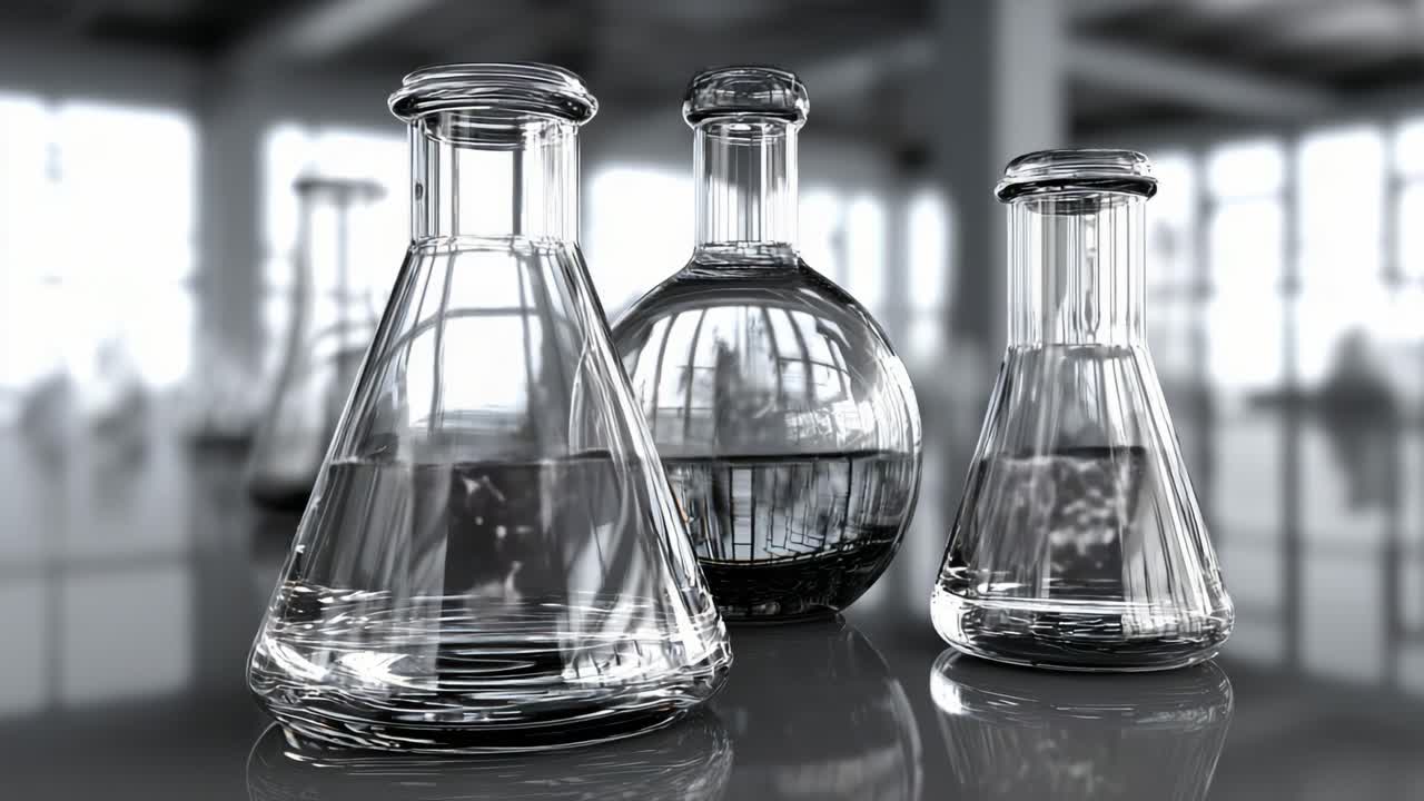 A Glimpse into Chemistry: Clear Laboratory Glassware Featuring Various Flask Shapes and Sizes with Liquid Contents in a Study Environment