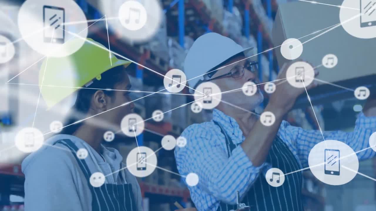 창고의 다양한 노동자들에 대한 아이콘으로 연결된 네트워크의 애니메이션