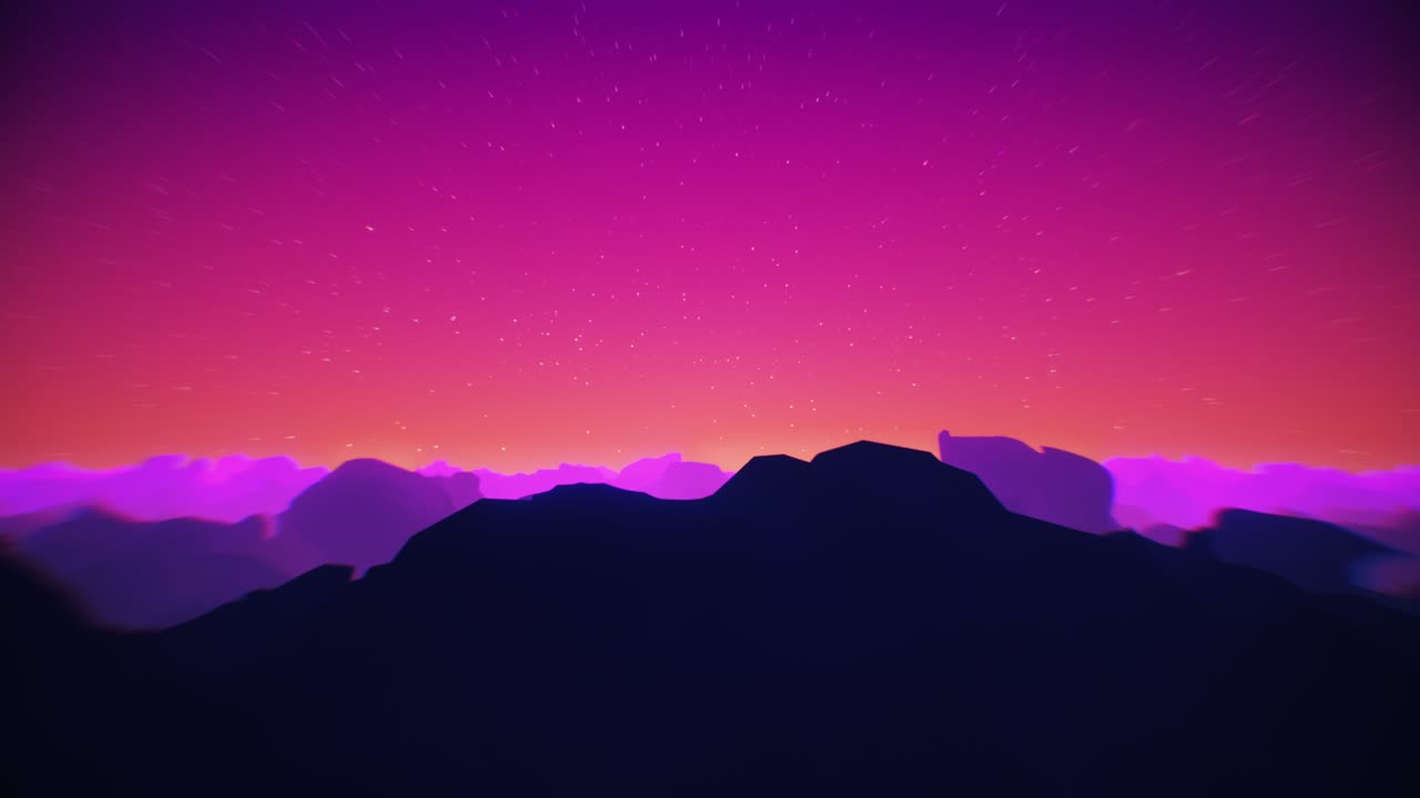 Warm Magenta Retro Starry Sky Horizon Fly Over Landscape Background Loop