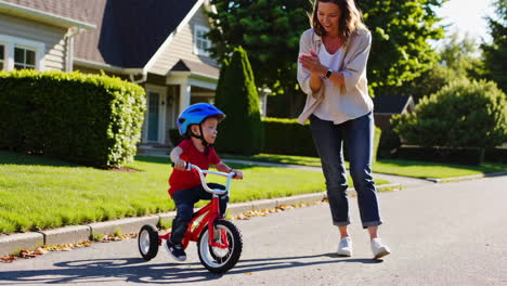 mother teaching her son how to ride a tricycle