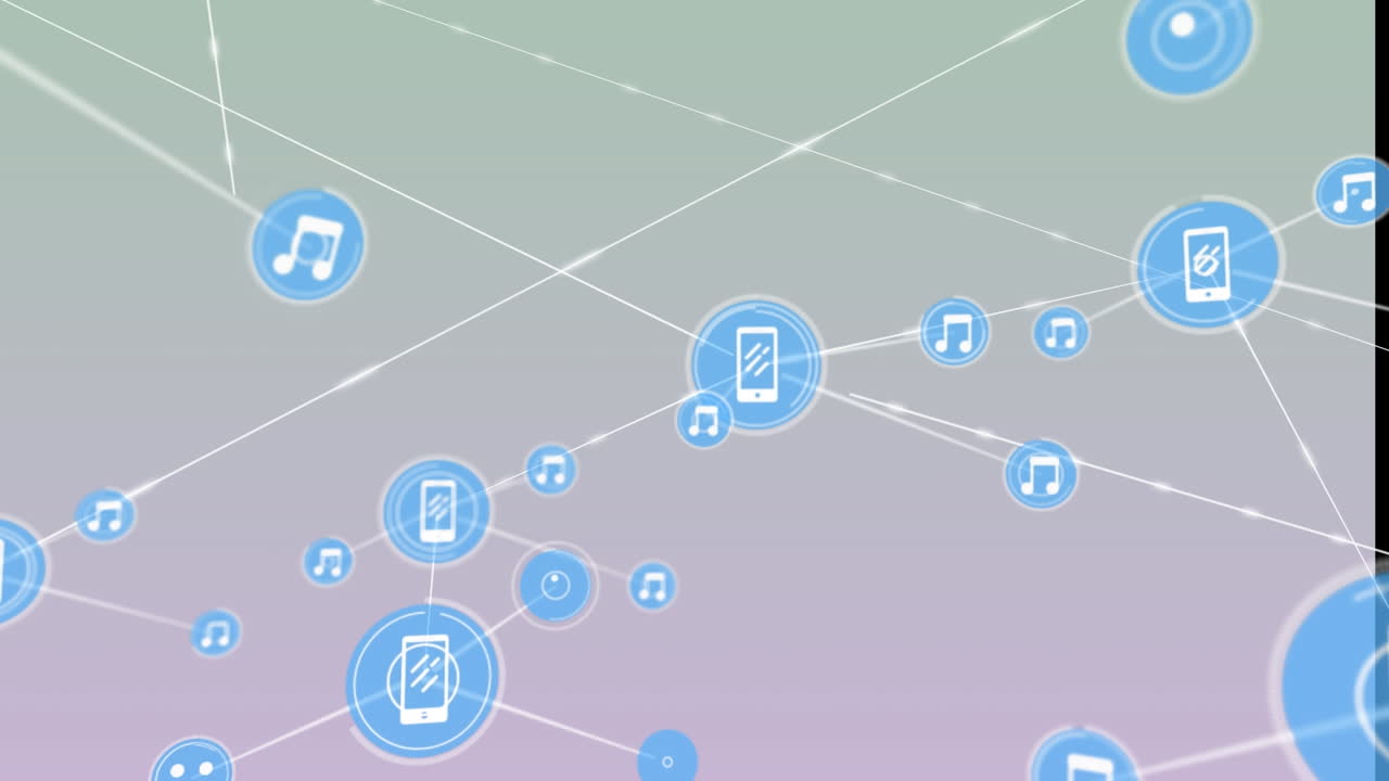 회색 배경 위에 있는 선과 연결되는 디지털 음악과 전화 아이콘의 애니메이션