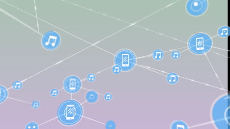 animación de música digital e iconos de teléfono que se conectan con líneas sobre fondo gris