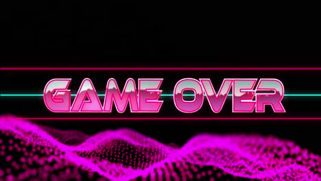 Animation-of-game-over-pink-metallic-text-with-pink-glowing-mesh-over-black-background