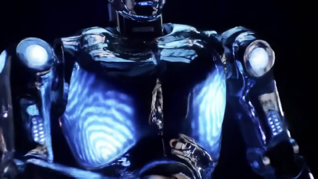 A stunning robotic figure illuminated with blue lights captures attention in a dimly lit space. The intricate details highlight advanced technology and innovation in robotics.