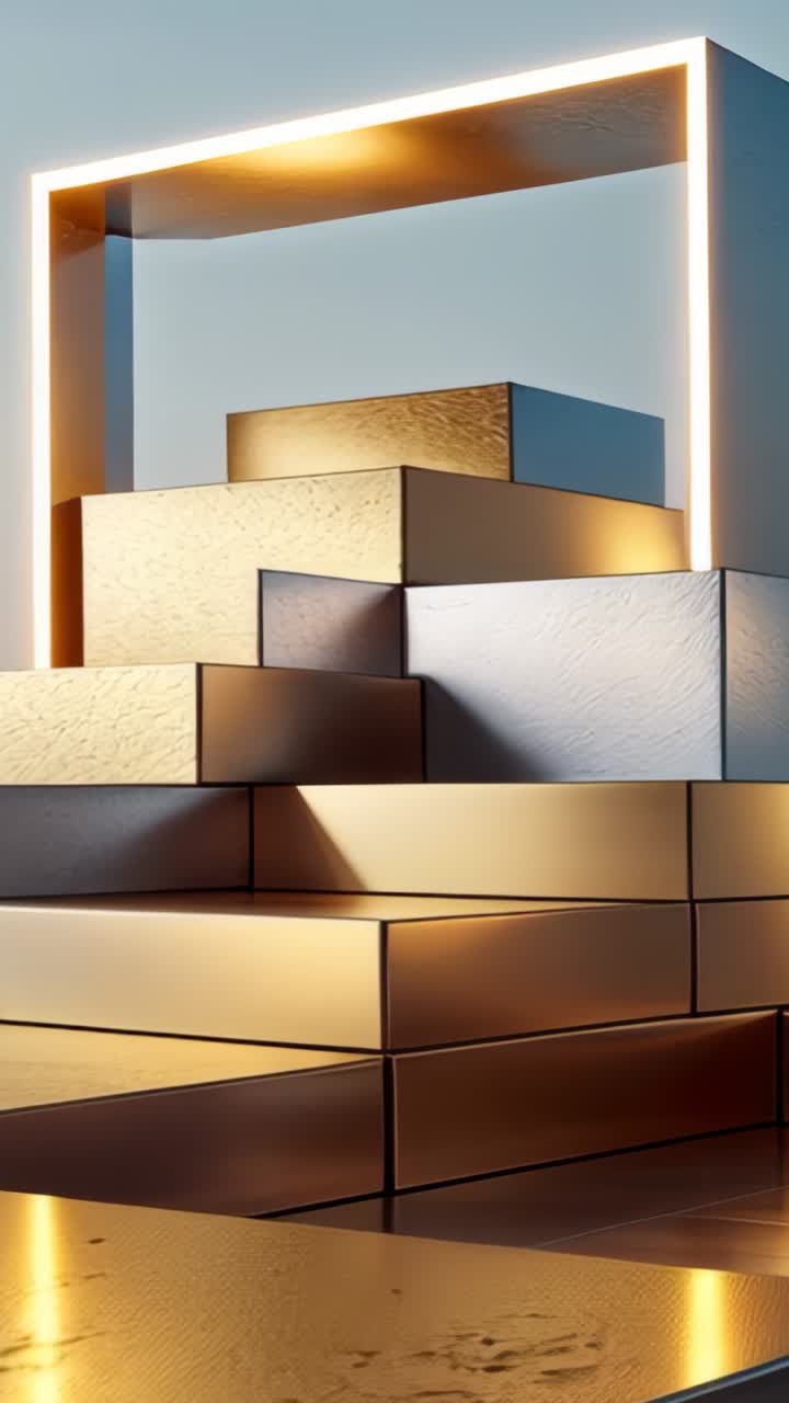 Vertical video: Camera panning metal block tiers in studio set, revealing glowing frame reflections
