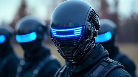 a group of robots with blue lights on their faces