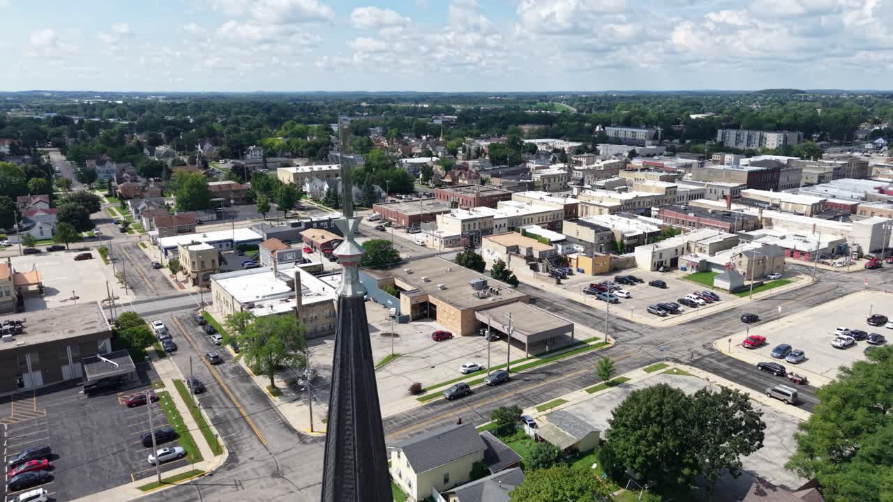 Cross atop Church spire aerial closeup