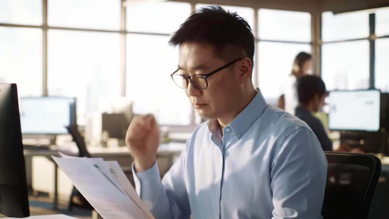 Focused Professional Analyzes Documents in Modern Office Environment Amidst Colleagues Working, Showcasing Productivity and Collaboration in a Dynamic Workplace Setting