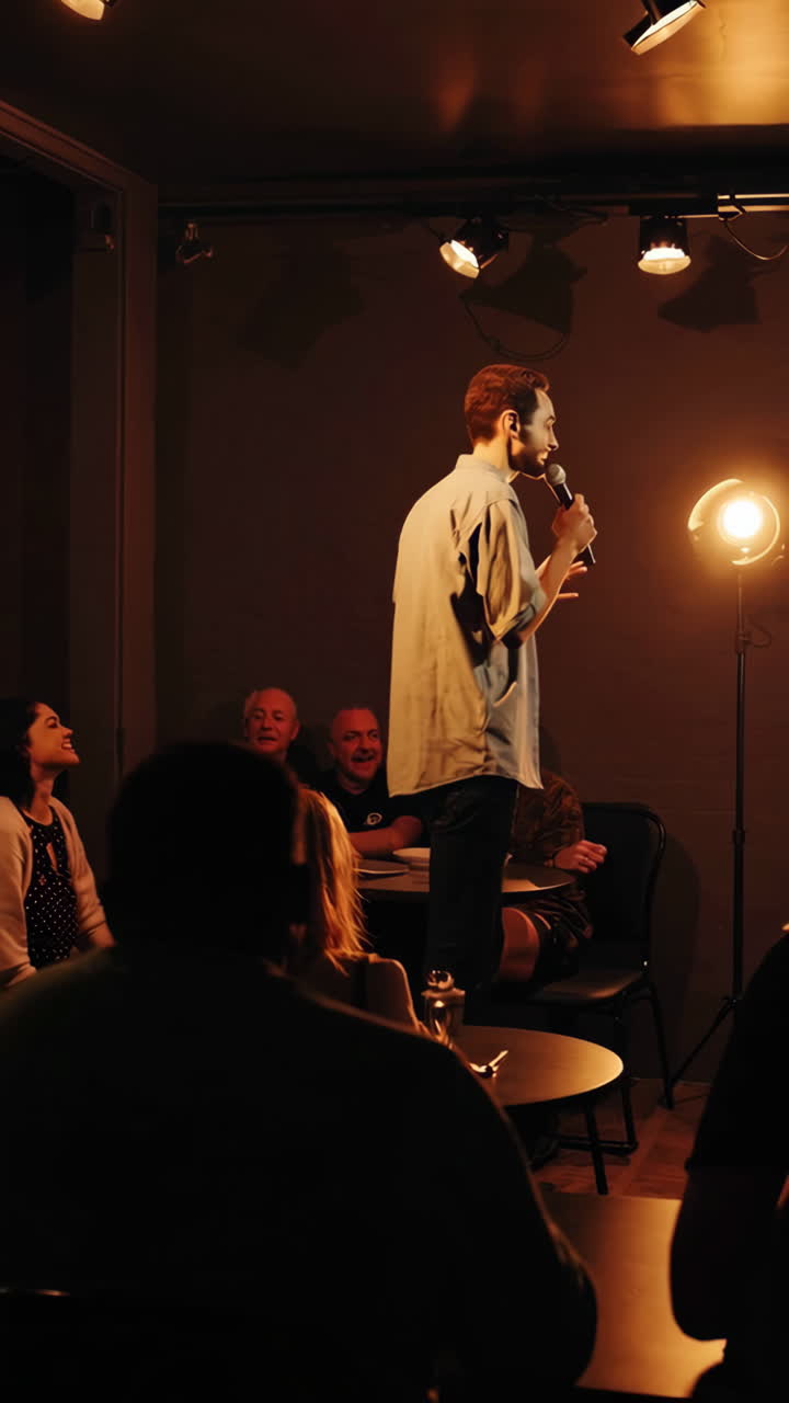 Comedian Performing Stand-up Comedy in a Small Club