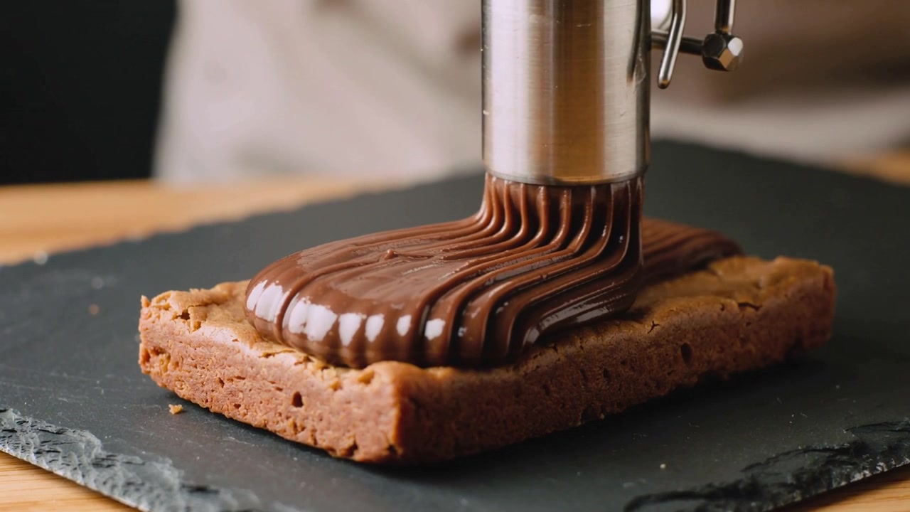 Ugello che si abbassa toccando una barretta su ardesia, estrudendo ganache al cioccolato e ricoprendo il centro, cuoco con grembiule.