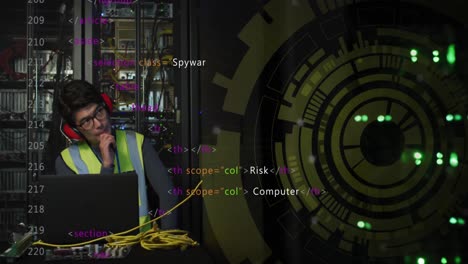 Animation of processing circle over asian man working on laptop in server room