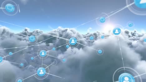 animación de la red de iconos de perfil contra las nubes en el cielo azul