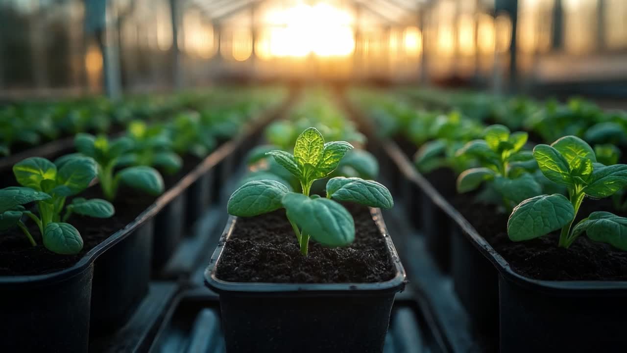 Greenhouse with Rows of Seedlings