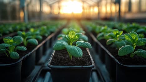 greenhouse with rows of seedlings