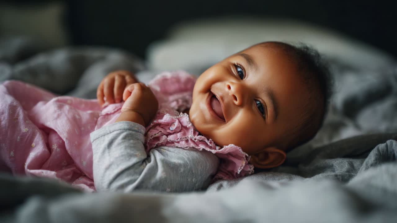 A Delightful Moment Captured: An Adorable Baby Smiling Happily While Lying on Soft Cozy Bedding, Radiating Joy and Innocence that Melts Hearts and Brings Warmth to Every Viewer