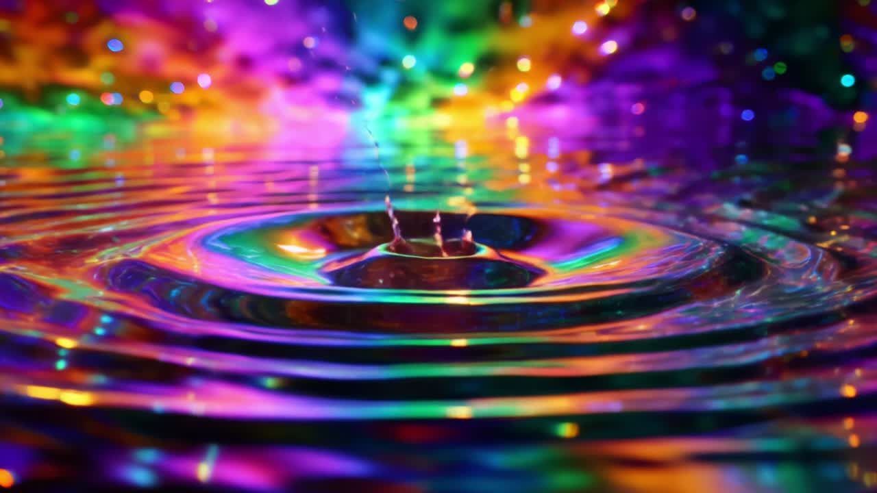 A Mesmerizing Display of Colorful Water Droplets Creating Ripples and Reflections Amidst a Rainbow-Hued Background, Showcasing the Beauty of Light and Motion in a Captivating Visual Experience