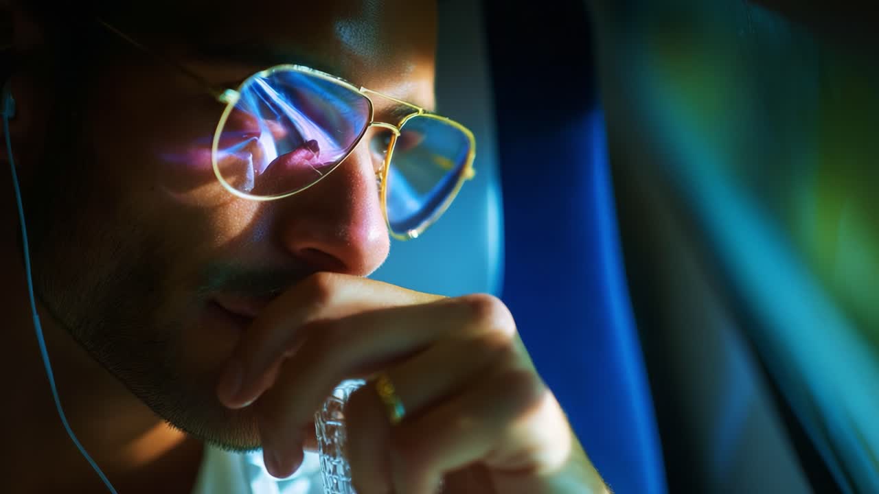 A Contemplative Moment: A Man in Sunglasses Reflecting on Thoughts While Observing the Scenery Through a Train Window, Capturing the Essence of Travel and Personal Reflection