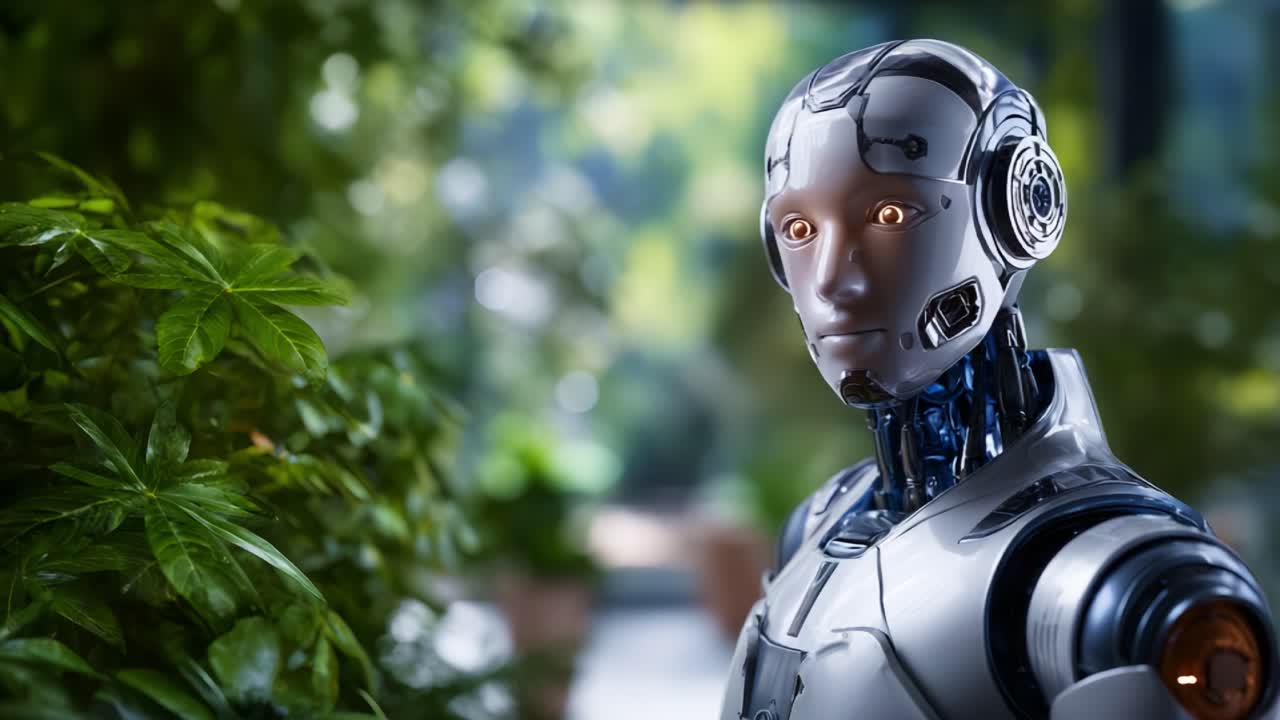 Un robot futuristico si erge in un ambiente verde e lussureggiante, caratterizzato da una tecnologia avanzata con occhi luminosi, creando una fusione di natura e innovazione nel suo design.