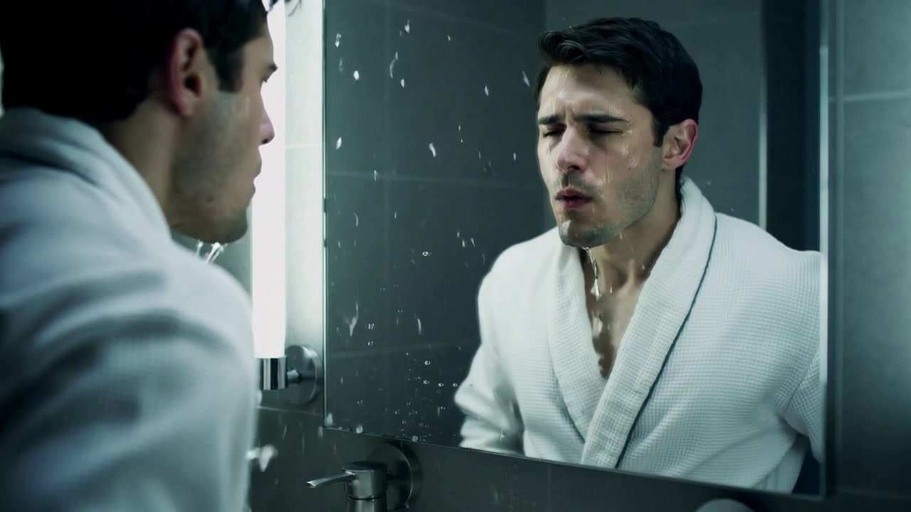 Uomo in accappatoio che raccoglie acqua dal rubinetto, si schizza il viso, si asciuga e sputa per rinfrescarsi allo specchio del lavandino del bagno.