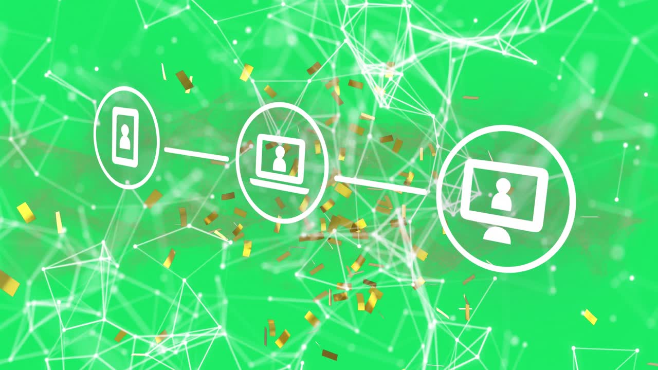 녹색 배경에 디지털 파도에 대한 연결 네트워크에 떨어지는 콘티의 애니메이션