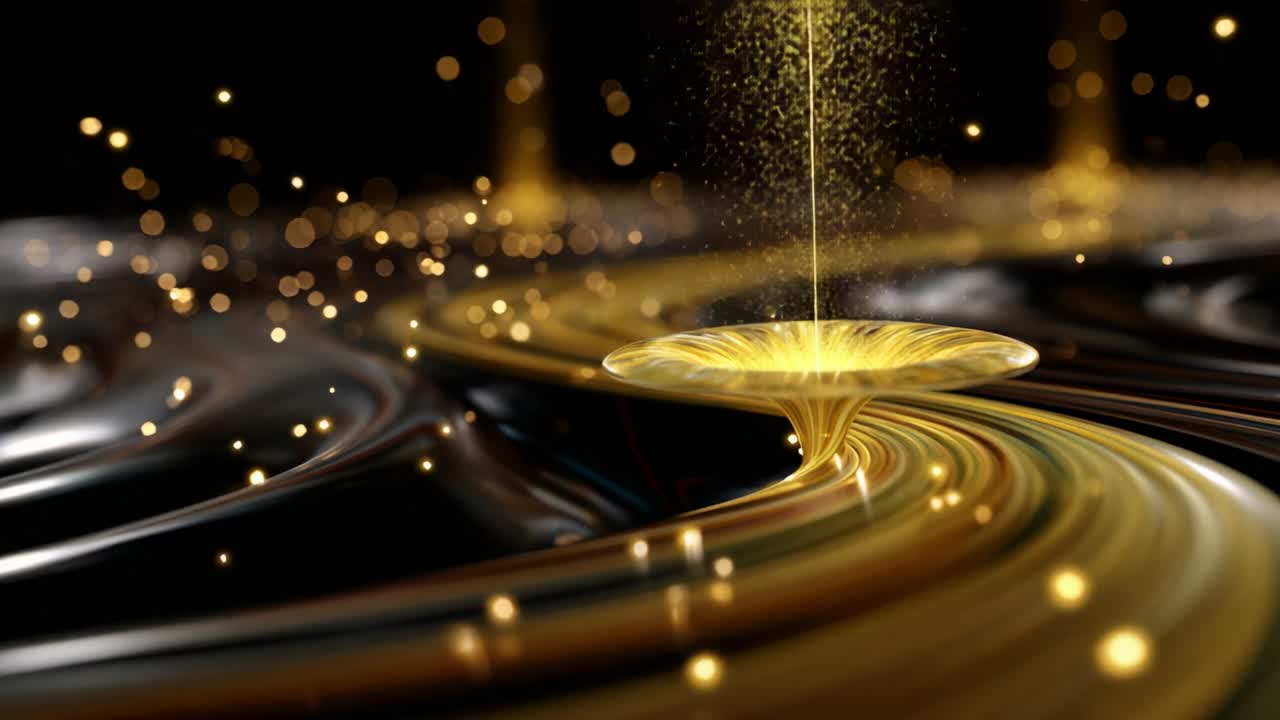 Mesmerizing Flow of Golden Liquid with Sparkling Effects Captured in Two Frames, Illustrating the Creative Dance of Light and Motion in an Abstract Display of Beauty and Elegance