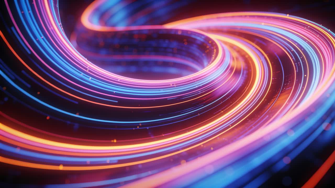 Postupující kamera ukazuje trojbarevné neonové stuhy nad tmavou plochou, odhalující vnitřní smyčku a jiskry.