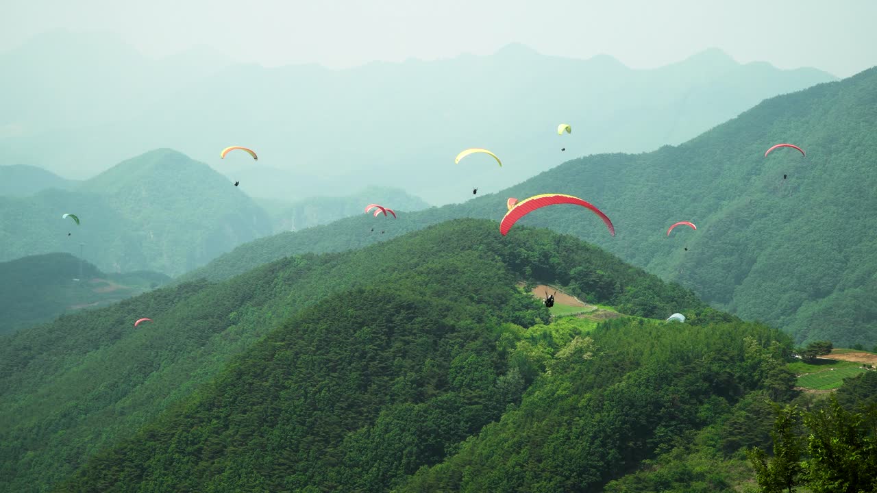 패러글라이더는 언덕 꼭대기에서 이륙하여 대한민국 단양시의 푸른 산을 날아다니는 다른 많은 사람들을 향해 활공합니다.