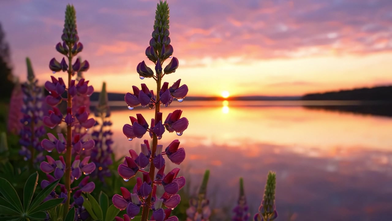Breath of Nature: A Vivid Sunset Over a Serene Lake Surrounded by Lush Purple Lupines Captured in Glorious Harmony at Dusk
