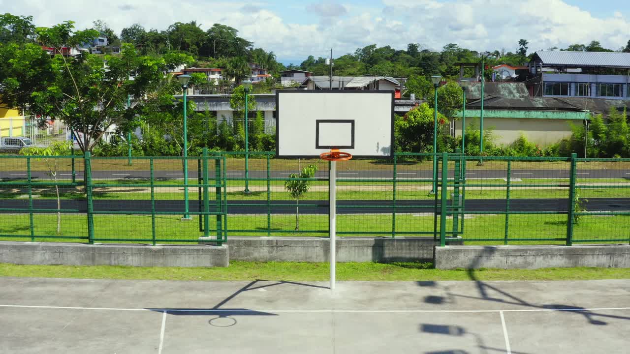 Front view, zooming out on a basketball hoop or goal