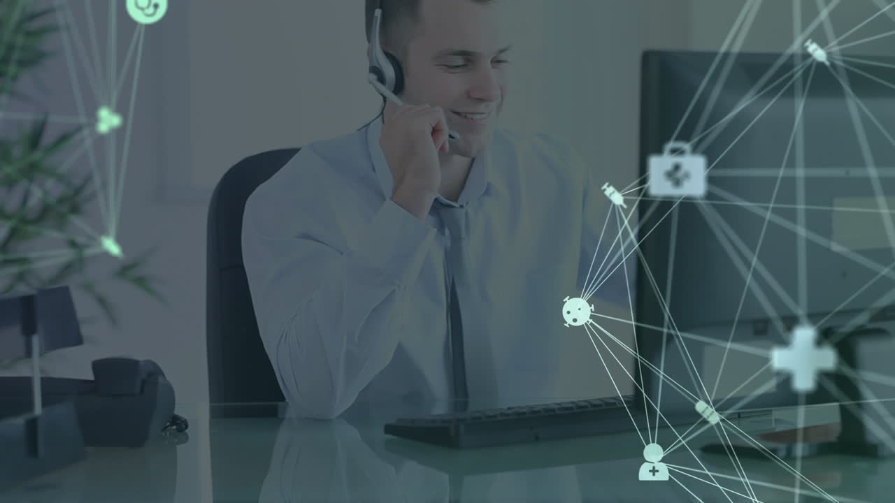 Animazione di una rete di connessioni e icone su un uomo d'affari con cuffie