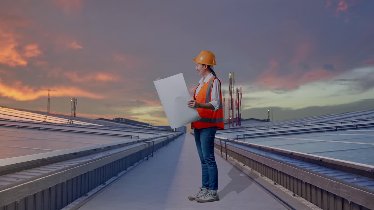 Vista lateral de cuerpo completo de ingeniera asiática con casco de seguridad mirando un plano en sus manos mientras está de pie e inspecciona paneles solares industriales en tejados.