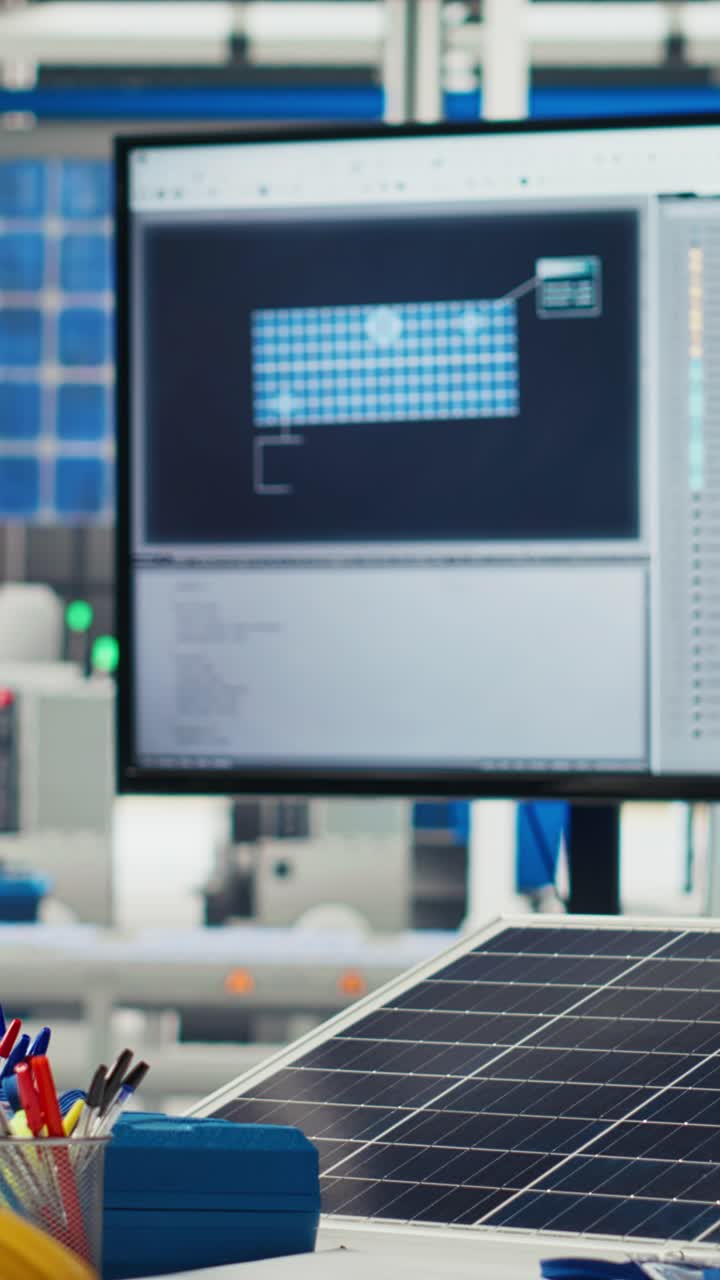 Vertical video Monitor in green energy solar panels plant with software used to optimize layouts