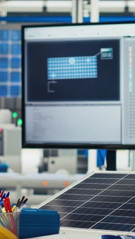 vertical video monitor in green energy solar panels plant with software used to optimize layouts