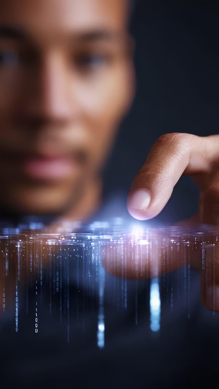 Primo piano di una persona che attiva un'interfaccia digitale futuristica con il dito, che mette in mostra tecnologia avanzata e flussi di dati al neon nell'oscurità