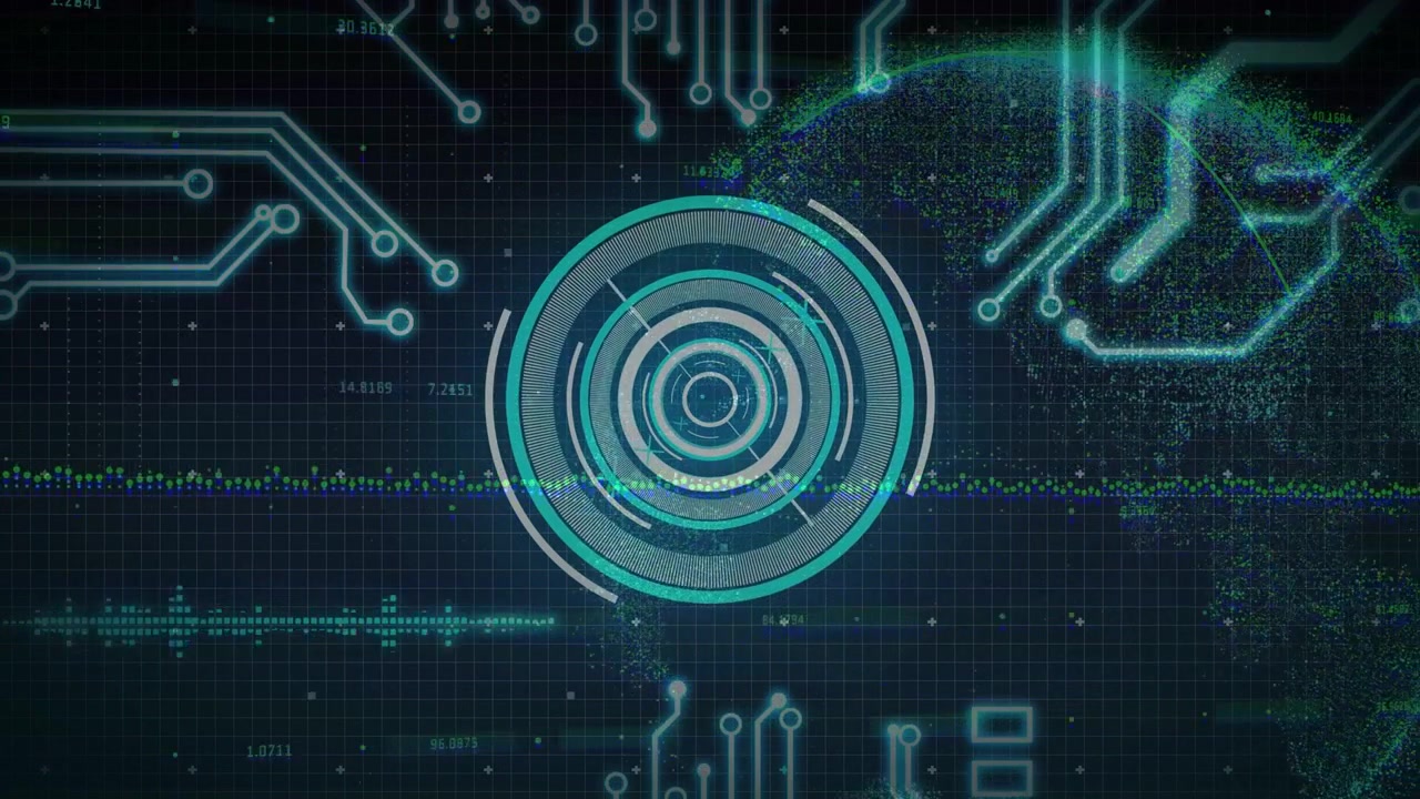 Central HUD rotating on grid wave pulsing, globe sending arc hitting rings causing tech diagnostics
