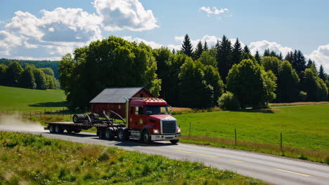 red truck with trailer on country road past a red barn