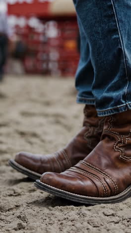 cowboy boots in a dusty rodeo arena
