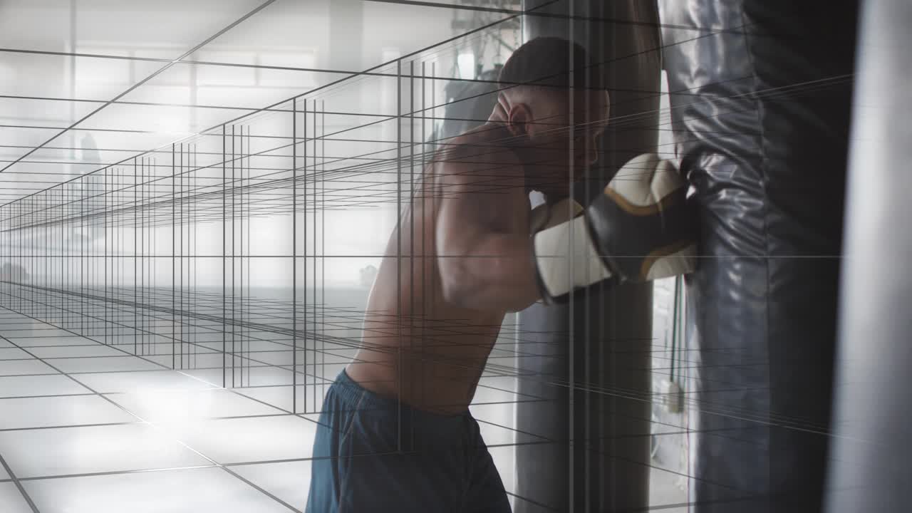 Boxer adjusting guard, pressing bag, throwing punches, grid overlay tracking boxing technique