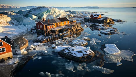 charming coastal cabins surrounded by ice in a serene arctic landscape