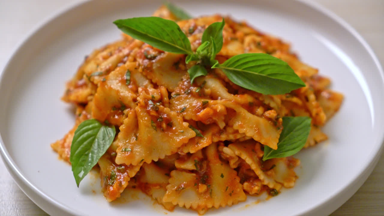 farfalle pasta with basil and garlic in tomato sauce - Italian food style