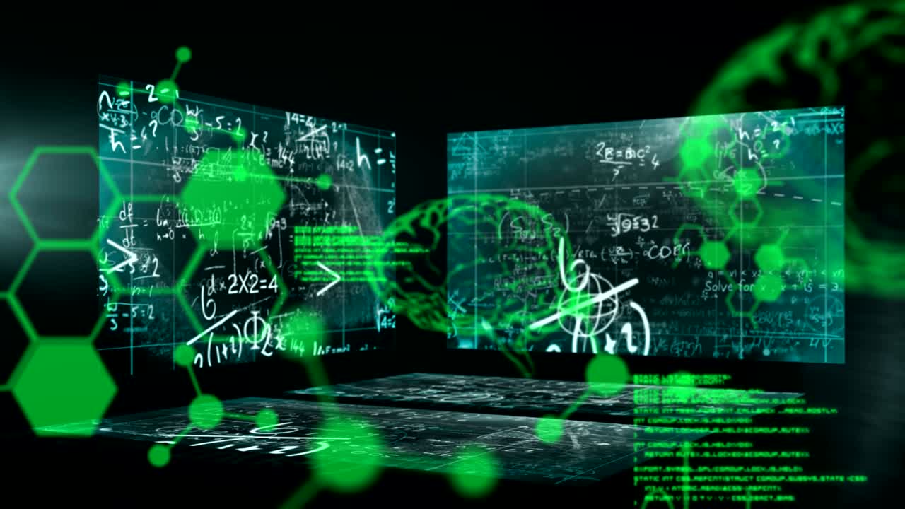 Animation of math equations written on screen with green 3D brain and molecule