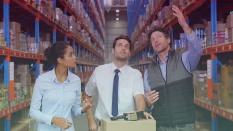 discussing logistics, diverse workers in warehouse management animation