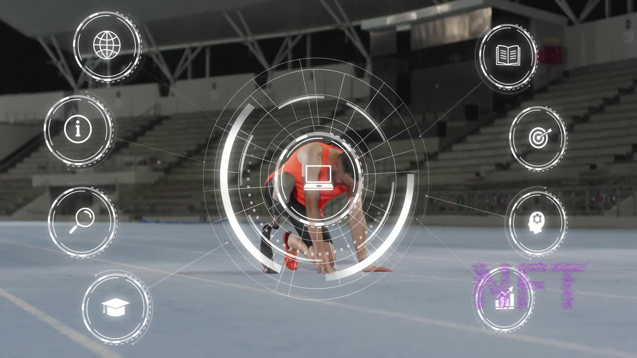 Preparing to sprint, athlete with animation of digital interface icons in scene