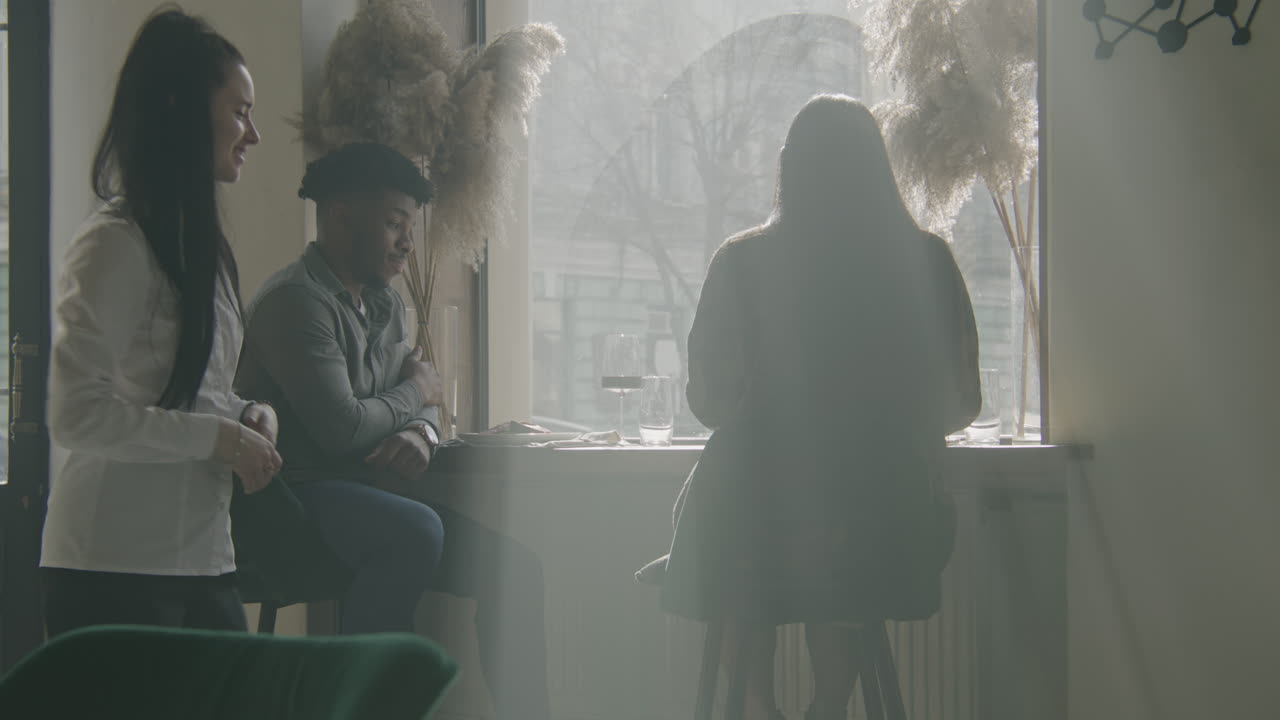 Couple Sit Near Window Talk and Drink Wine African American Man and Asian Woman Sitting at the Table Near Window Talking and Drinking Wine Female Waiter Brings Delicious Dishes to Guests Multi Ethnic People in Restaurant with Modern Design