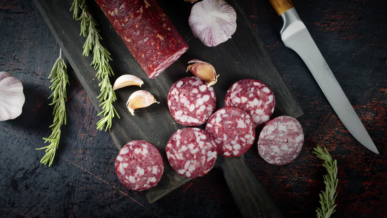 Pieces of salami with garlic and rosemary slowly rotate.