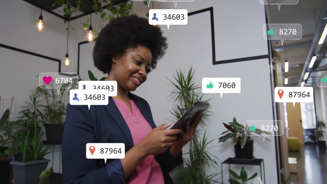 Animation of social media data processing over african american businesswoman in office