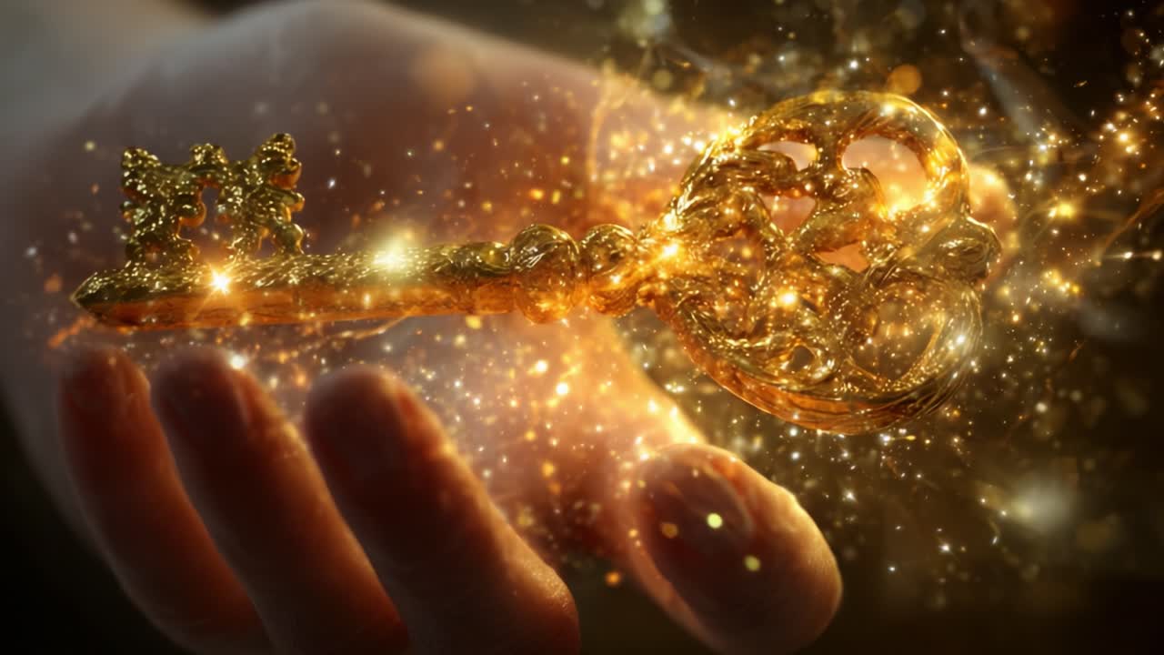 A Mystical Golden Key: Unlocking Enchantment and Wonder from the Hand of Imagination, Surrounded by Glittering Sparks and Magical Light for a Sense of Adventure and Discovery